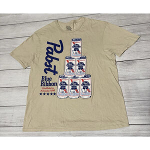 Pabst Blue Ribbon Beer Stacked Can Graphic T-Shirt Size Large Cream Colored